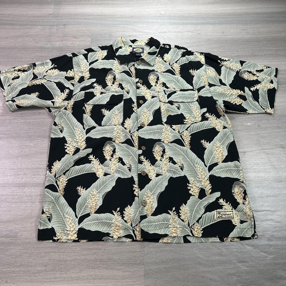 Tommy Bahama Shirt Mens Medium Black Hawaiian Floral Camp‎ Button Front Rayon